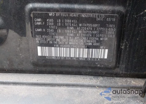 2010 Subaru Outback 2.5I Limited z USA, uszkodzony, nr VIN 4S4BRBLC0A3372868